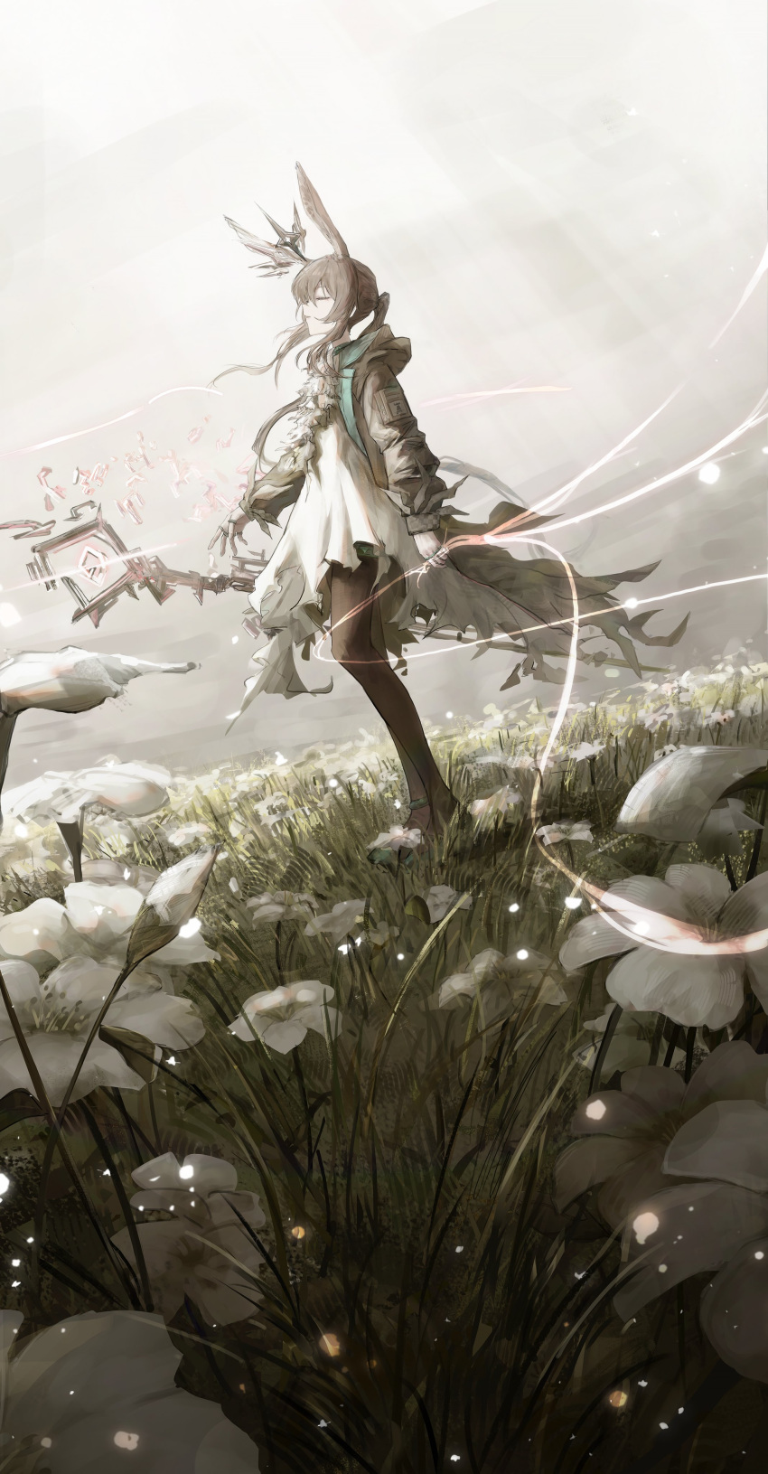 1girl absurdres amiya_(arknights) amiya_(medic)_(arknights) animal_ears arknights arms_at_sides black_jacket black_pantyhose brown_hair closed_eyes day dress facing_ahead field floating floating_hair flower flower_field from_side full_body grass highres hood hood_down hooded_jacket jacket jewelry legs_together long_dress long_hair long_sleeves multiple_rings nueegochi open_clothes open_jacket open_mouth outdoors pantyhose ponytail profile rabbit_ears rabbit_girl ring sidelocks solo staff standing white_dress white_flower