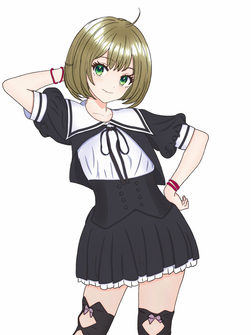 1girl ahoge arm_behind_head assault_lily black_ribbon black_skirt blush bow brown_hair buttons closed_mouth clothing_cutout commentary_request cowboy_shot cropped_jacket frilled_skirt frills green_eyes hand_on_own_head hand_on_own_hip hand_up highres leg_cutout looking_at_viewer miniskirt mole mole_under_eye neck_ribbon pickles_(picpicpickles) pink_ribbon puffy_short_sleeves puffy_sleeves purple_bow ribbon school_uniform seike_tomoyo short_hair short_sleeves simple_background skirt smile solo standing thigh_bow underbust white_background wrist_ribbon yurigaoka_girls_academy_school_uniform