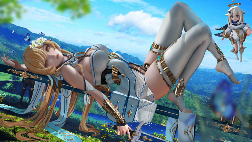 2girls absurdres arm_cuffs bad_bcy_id bad_id bare_shoulders blonde_hair blue_butterfly blue_sky bracelet breasts bug butterfly butterfly_on_hand character_request cloud criss-cross_straps crossed_legs day detached_sleeves dress dutch_angle eyelashes flower full_body genshin_impact grass grey_eyes hair_between_eyes hair_flower hair_ornament hair_spread_out highres jewelry knees_up large_breasts long_hair long_sleeves looking_at_viewer lying medium_hair multiple_girls on_back outdoors sayuo scarf shirt sky smile stirrup_legwear strapless strapless_dress thighhighs toeless_legwear toes tree white_dress white_flower white_hair white_scarf white_shirt white_thighhighs yellow_eyes