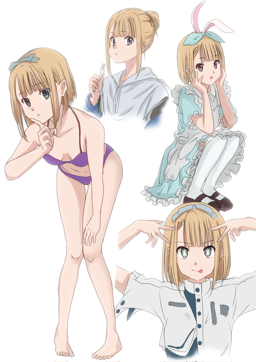1girl 22/7 :p animal_ears bikini blonde_hair bxtbsy7q76gxh73 closed_mouth double_v dress eating fork full_body hair_ornament hair_ribbon hand_on_lap hand_on_own_cheek hand_on_own_face highres holding holding_fork hoshino_ai's_pose index_finger_raised looking_at_viewer parted_lips purple_bikini rabbit_ears ribbon saito_nicole short_hair star-shaped_pupils star_(symbol) swimsuit symbol-shaped_pupils tongue tongue_out v white_background