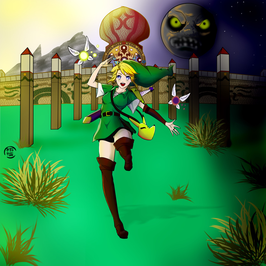 1girl absurdres blonde_hair blue_eyes boots brown_footwear cape colorful genderswap genderswap_(mtf) green_cape green_tunic highres link looking_at_viewer master_sword open_mouth pointy_ears self-upload smile solo sword sword_on_back tael tatl the_legend_of_zelda the_legend_of_zelda:_majora's_mask weapon weapon_on_back