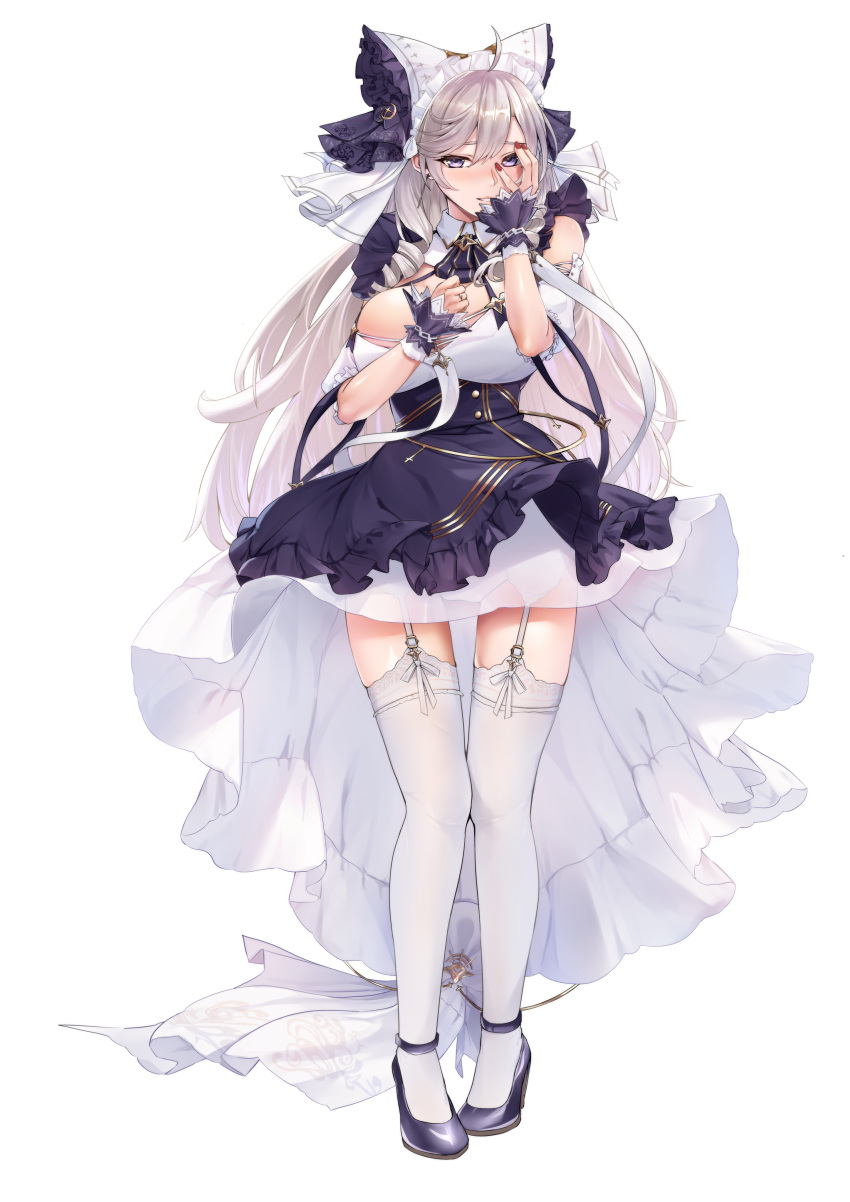 1girl absurdres ahoge algerie_(azur_lane) animal_ears apron azur_lane blush breasts cheshire_(azur_lane) cheshire_(azur_lane)_(cosplay) cleavage commission cosplay detached_sleeves dress drill_hair earrings fake_animal_ears frills full_body garter_straps grey_hair grin hair_between_eyes hand_on_own_chest hand_on_own_face hands_up high_heels highres jewelry large_breasts long_hair looking_at_viewer maid maid_headdress mole mole_under_eye panties pixiv_commission puffy_detached_sleeves puffy_sleeves purple_apron purple_eyes purple_footwear ribbon see-through smile solo standing takumi_nosiro thighhighs twin_drills underwear white_dress white_garter_straps white_panties white_ribbon white_thighhighs wrist_cuffs
