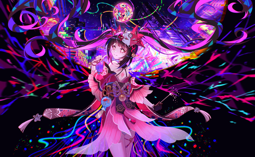1girl absurdres bare_shoulders black_gloves bright_pupils closed_mouth detached_sleeves dress floating_hair flower-shaped_pupils fox_mask from_behind gloves hair_ornament hand_up highres holding_fireworks honkai:_star_rail honkai_(series) index_finger_raised long_hair looking_at_viewer looking_back mask mask_on_head red_dress red_eyes short_sleeves sidelocks single_glove smile solo sparkle_(honkai:_star_rail) symbol-shaped_pupils twintails very_long_hair viclim-monou white_pupils