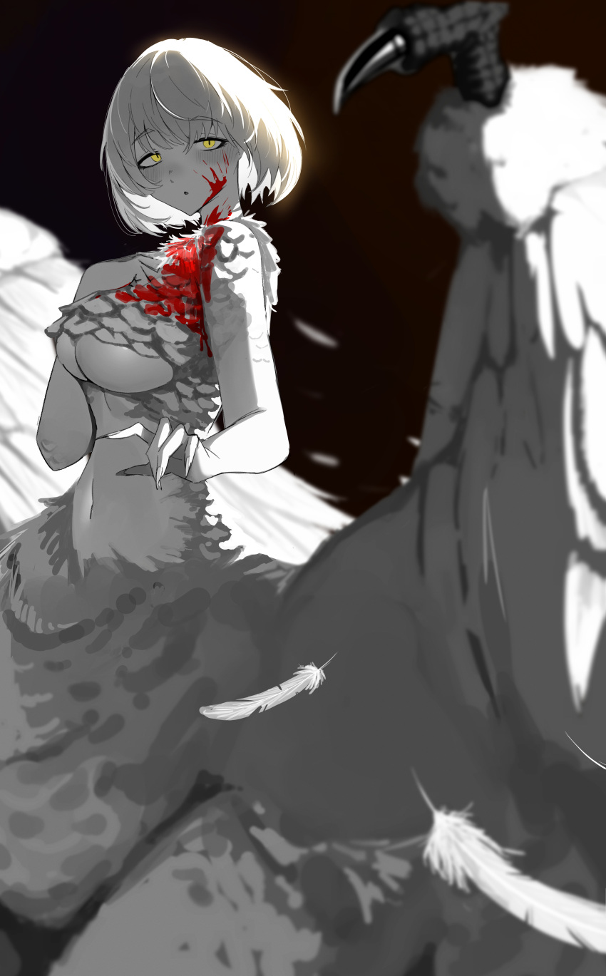 1girl absurdres blood blood_on_face blush breasts chimera dungeon_meshi falin_touden falin_touden_(chimera) feathered_wings feathers fingernails highres large_breasts long_fingernails looking_at_viewer monster_girl navel parted_lips sharp_fingernails shiro_marimo short_hair slit_pupils solo spot_color underboob white_wings wings yellow_eyes