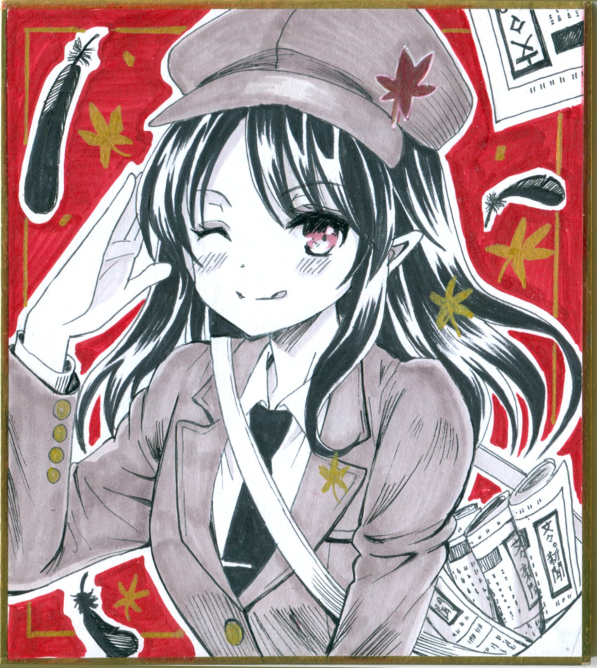 1girl bag black_feathers black_hair black_necktie brown_jacket cabbie_hat closed_jacket closed_mouth collared_shirt commentary_request falling_feathers feathers flat_cap hajike_akira happy hat highres jacket leaf leaf_hat_ornament limited_palette long_hair long_sleeves necktie newspaper one_eye_closed pointy_ears red_background red_eyes salute shameimaru_aya shameimaru_aya_(newsboy) shirt shoulder_bag smile solo suit_jacket tie_clip tongue tongue_out touhou traditional_media white_shirt