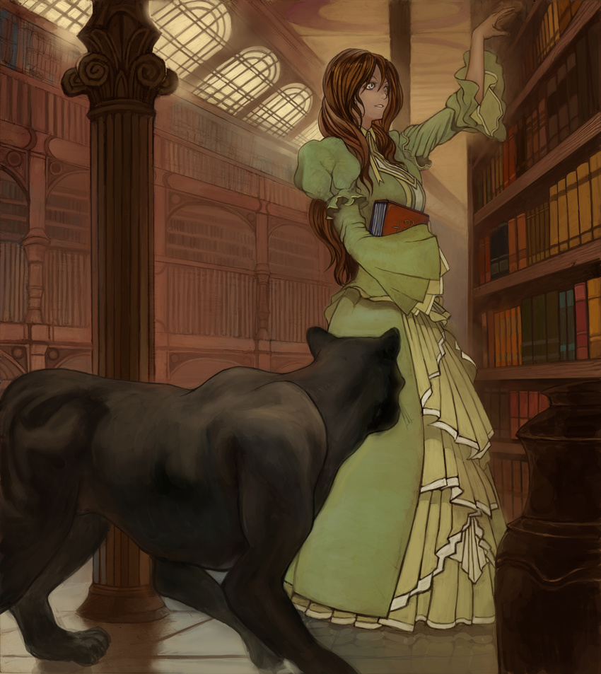 animal bad_id bad_pixiv_id black_panther book brown_hair copyright_request dark_skin dress green_eyes highres lack library light panther shelf smile solo window