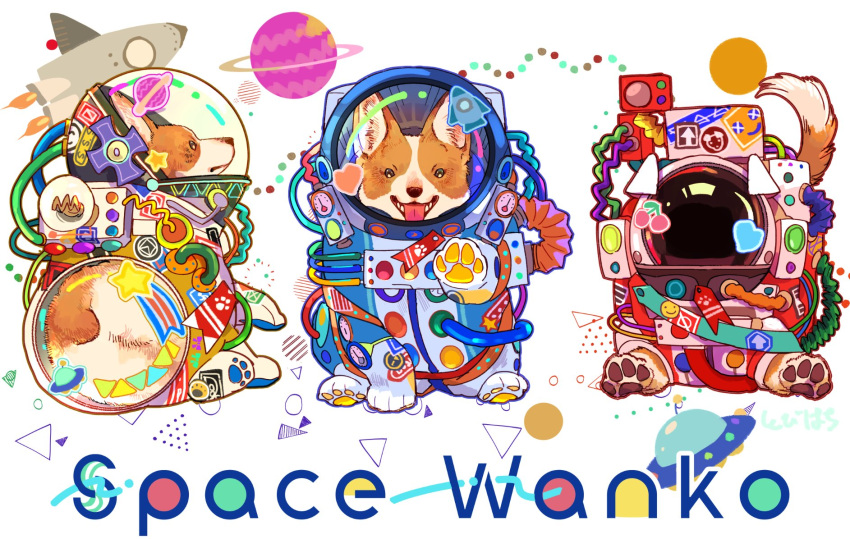 animal animal_focus black_eyes clothed_animal dial dog full_body helmet highres light_bulb looking_at_viewer no_humans orbital_ring original pawpads planet simple_background sitting space_helmet spacesuit tail tonbippo08 tongue tongue_out welsh_corgi white_background