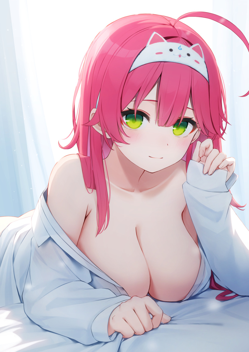 1girl ahoge alternate_costume animal_hairband bare_shoulders bed_sheet breasts cleavage closed_mouth collarbone commentary_request green_eyes hairband highres hololive indoors large_breasts looking_at_viewer lying mixed-language_commentary nyan_(reinyan_007) off_shoulder on_bed on_stomach paid_reward_available pink_hair sakura_miko shirt sleeves_past_wrists smile solo virtual_youtuber white_shirt