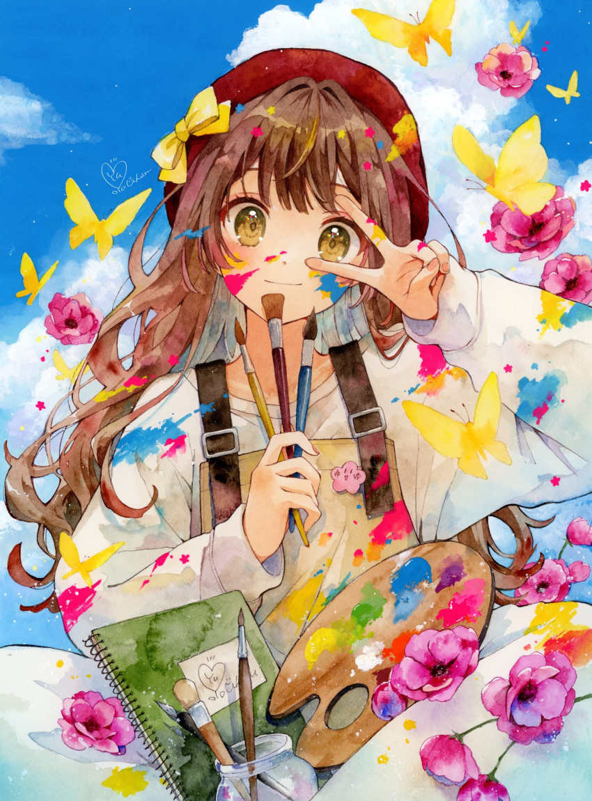 1girl beret blue_sky blush brown_hair bug butterfly closed_mouth cloud cloudy_sky collarbone colorful cumulonimbus_cloud day flower green_eyes hair_intakes hat head_tilt highres holding holding_paintbrush jar long_bangs long_sleeves looking_at_viewer original outdoors paintbrush painting_(medium) pink_flower red_hat shirt signature sketchbook sky sleeves_past_wrists smile solo traditional_media upper_body v_over_eye watercolor_(medium) wavy_hair white_shirt yellow_butterfly yellow_overalls yuyuharu_1027