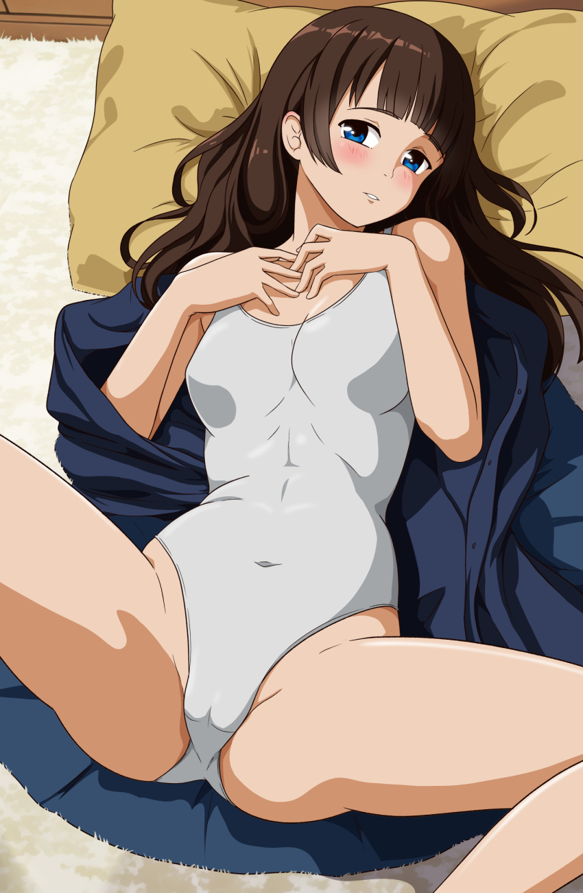 1girl black_hair blue_eyes blunt_bangs breasts cameltoe covered_navel day_dreamer feet_out_of_frame hands_on_own_chest highleg highleg_swimsuit highres long_hair looking_at_viewer medium_breasts one-piece_swimsuit open_clothes open_robe original pillow robe school_swimsuit solo spread_legs swimsuit white_one-piece_swimsuit