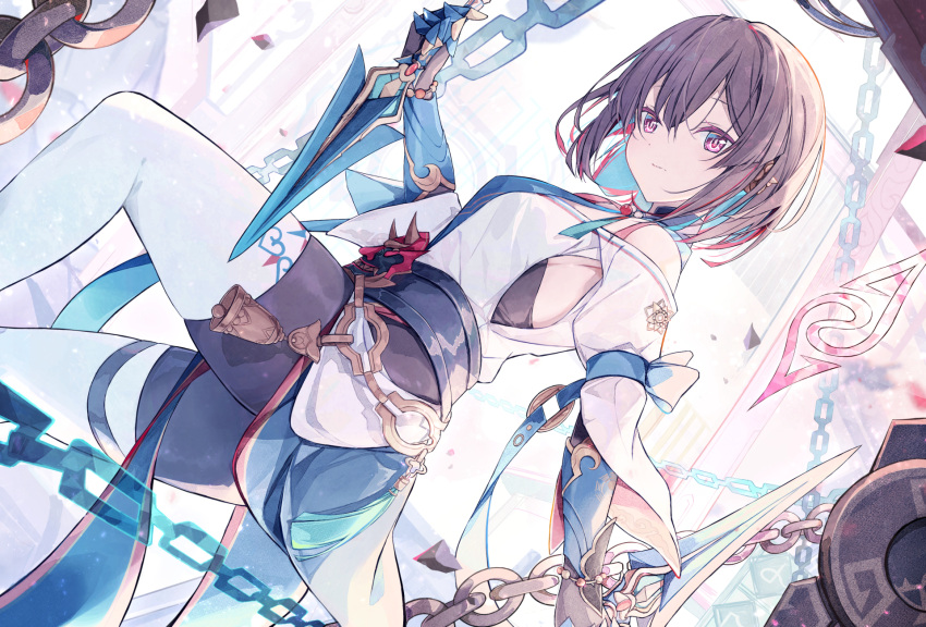 1girl bare_shoulders black_shorts blue_hair breasts brown_hair chain chinese_clothes clawed_gauntlets closed_mouth clothing_cutout colored_inner_hair dress dutch_angle eatos english_commentary feet_out_of_frame gauntlets hair_between_eyes hand_up highres holding holding_weapon honkai:_star_rail honkai_(series) jewelry looking_at_viewer mask multicolored_hair red_eyes red_hair robot_ears short_hair shorts solo weapon white_dress xueyi_(honkai:_star_rail)