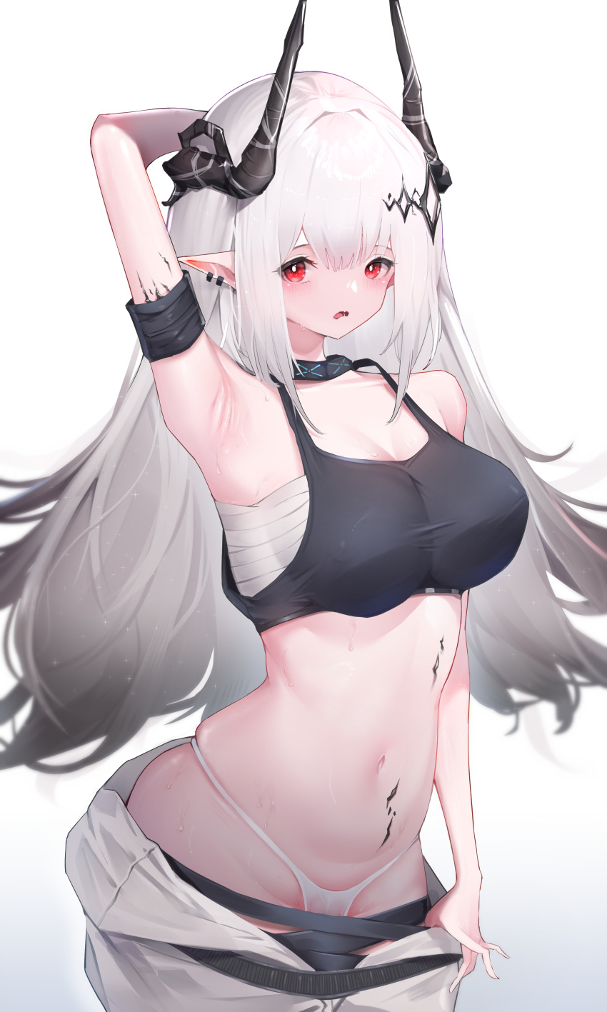 1girl absurdres arknights arm_behind_head armpits bare_shoulders black_horns black_sports_bra blush breasts chest_sarashi clothes_pull cowboy_shot demon_horns gradient_background highres horns infection_monitor_(arknights) kuro_matcha large_breasts long_hair looking_at_viewer material_growth mudrock_(arknights) navel oripathy_lesion_(arknights) panties pants pants_pull pointy_ears red_eyes sarashi skindentation solo sports_bra stomach thong underwear white_hair white_panties