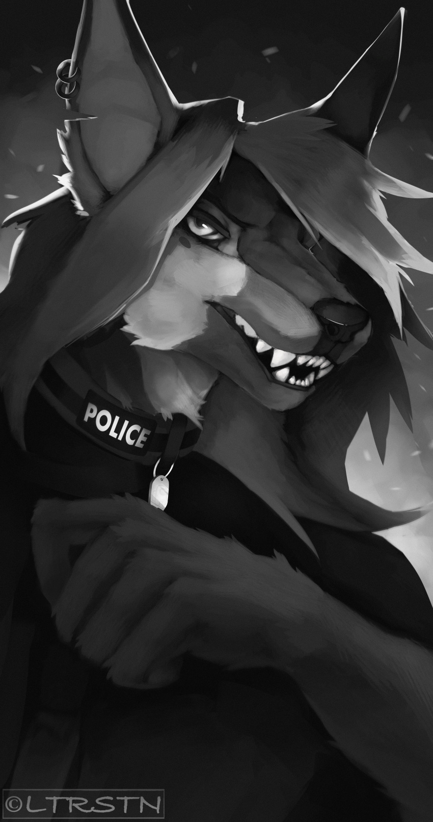 absurd_res anthro black_clothing canid canine canis clothing collar dog_tags domestic_dog ear_piercing ear_ring ear_scar female german_shepherd hair herding_dog hi_res huge_filesize loiterstein long_hair looking_at_viewer mammal pastoral_dog piercing police police_uniform portrait restricted_palette ring_piercing scar smile smirk solo solo_focus teeth_showing uniform