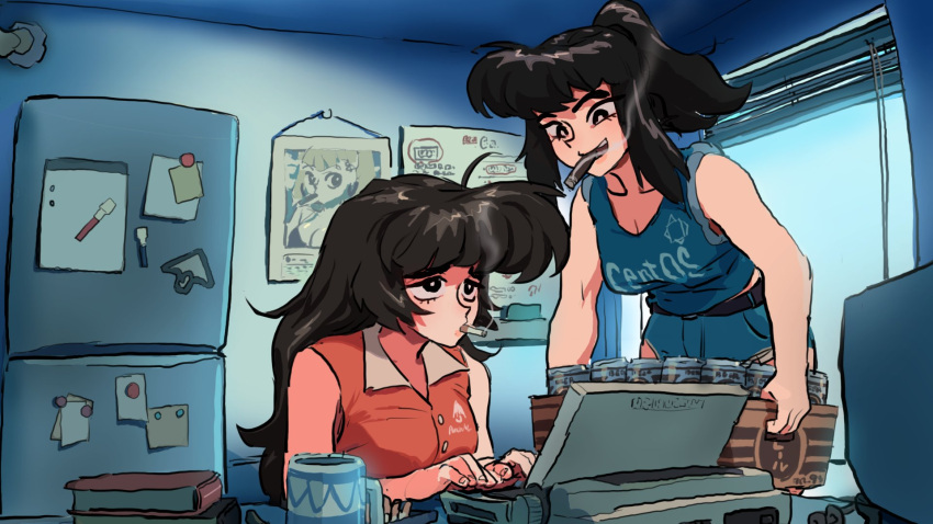 2girls aheahead amane_natsuko beer_crate black_hair blue_shorts blue_tank_top book cigarette collarbone computer crop_top cup denim denim_shorts highres holding indie_virtual_youtuber indoors laptop leaning_forward long_hair looking_at_another magnet mug multiple_girls ponytail poster_(object) product_placement red_shirt refrigerator refrigerator_magnet second-party_source shirt short_shorts shorts sidelocks sitting sleeveless sleeveless_shirt smoking standing tank_top typing window