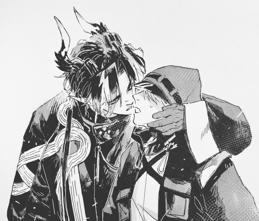 2boys ambiguous_gender arknights chinese_commentary chong_yue_(arknights) closed_eyes coat commentary_request doctor_(arknights) dragon_boy dragon_horns earrings grey_background greyscale hair_over_face hair_over_shoulder hand_on_another's_face hand_up highres hood hood_up horns imminent_kiss jewelry long_hair long_sleeves low_ponytail male_doctor_(arknights) male_focus monochrome multicolored_hair multiple_boys open_mouth pointy_ears rivershirt simple_background streaked_hair traditional_media upper_body wide_sleeves
