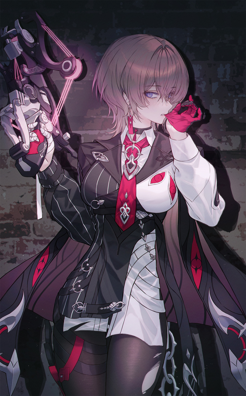 1girl asymmetrical_jacket bandaged_fingers bandaged_hand bandages biting black_choker black_jacket black_pantyhose black_shirt blue_eyes breasts brick_wall brown_hair chain choker collared_shirt commentary_request crossbow earrings glove_biting gloves hair_between_eyes highres holding holding_crossbow holding_weapon honkai_(series) honkai_impact_3rd jacket jewelry lantern_(honkai_impact) large_breasts looking_at_viewer necktie neon_(pixiv_31150749) pantyhose pinstripe_jacket pinstripe_pattern red_gloves red_necktie shirt single_glove solo standing thigh_strap torn_clothes torn_pantyhose weapon white_shirt
