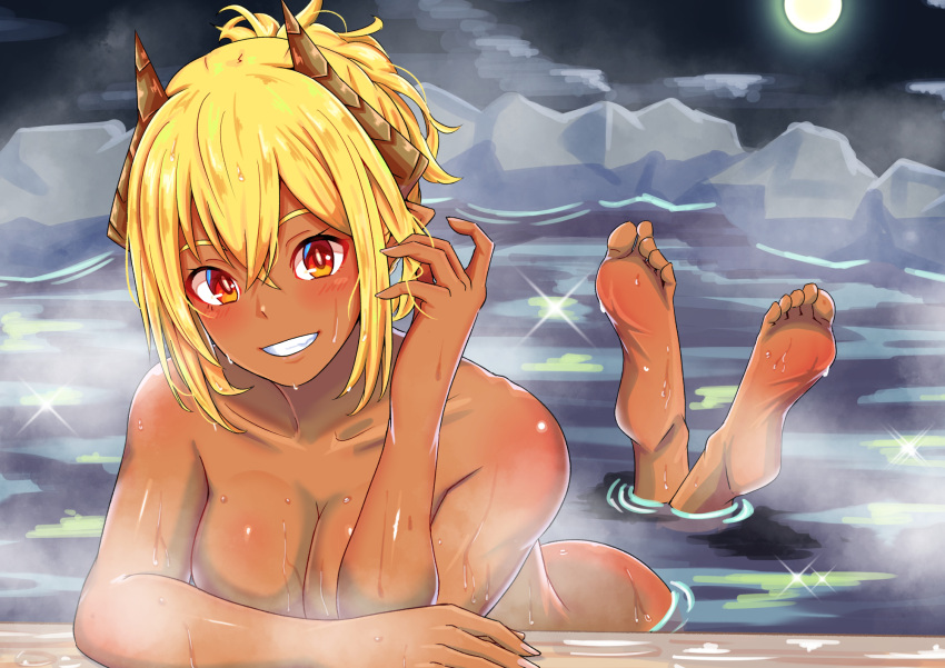 1girl ass bare_shoulders barefoot bathing blonde_hair breasts commentary_request completely_nude convenient_censoring dark_skin demon_girl demon_horns fang feet flirting foot_blush foot_focus full_moon highres horns long_bangs lying medium_breasts moon neko_040 night nude on_stomach onsen orange_eyes original red_eyes rock shiny_skin smile soles solo steam tan the_pose toes two-tone_eyes wet