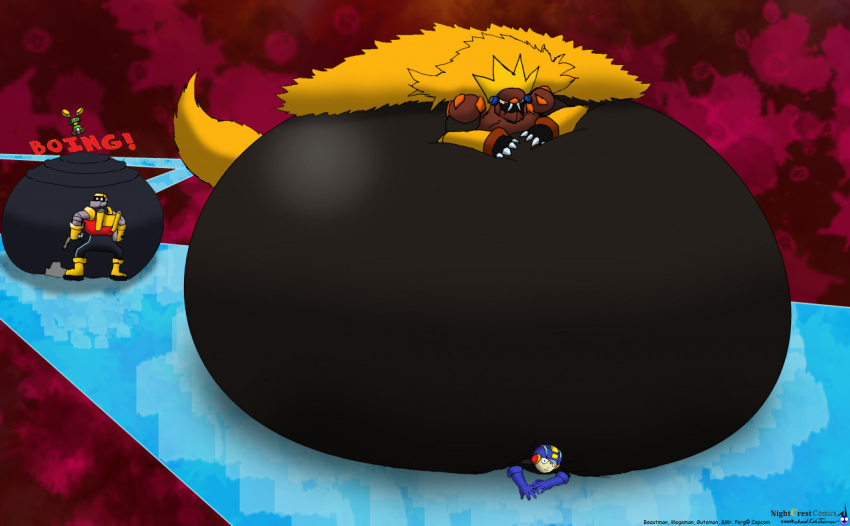 anthro beast_man_(mega_man) bellies belly belly_bounce belly_play belly_smoosh belly_smother belly_smothering big_belly bloated boing capcom claws computer_virus_(program) dominant dominant_male fat_rolls finger_claws fur group guts_man humanoid jumping k9manx90_(artist) machine male mega_man_(character) mega_man_(series) mega_man_battle_network mr._porg obese obese_anthro obese_male onomatopoeia overstuffed overstuffing overweight overweight_anthro overweight_male robot robot_anthro robot_humanoid robot_master savage_man sound_effects stuffing tail text under_belly virus