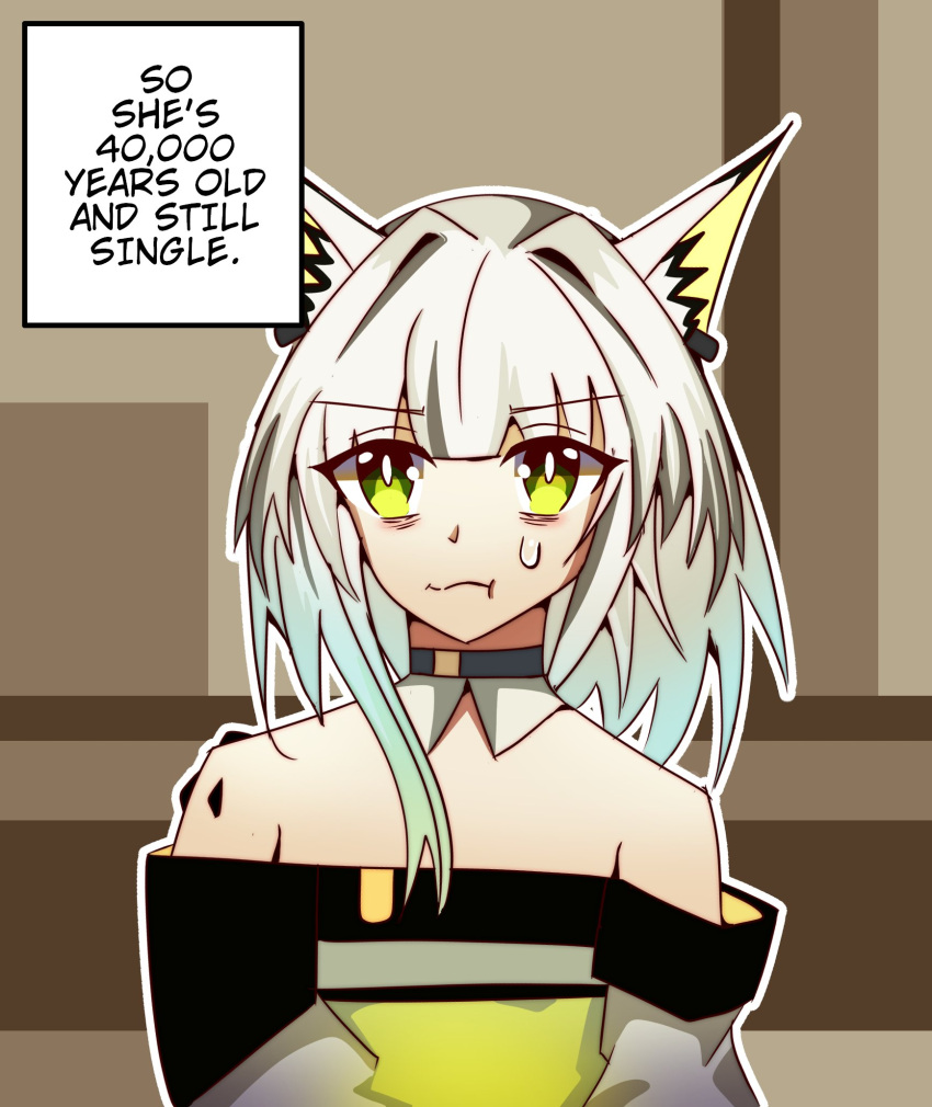1girl animal_ear_fluff animal_ears arknights bare_shoulders cat_ears commentary dress english_text french_commentary green_dress green_eyes green_hair highres indoors kal'tsit_(arknights) looking_to_the_side material_growth medium_hair oripathy_lesion_(arknights) solo sweat tyco0z upper_body wavy_mouth