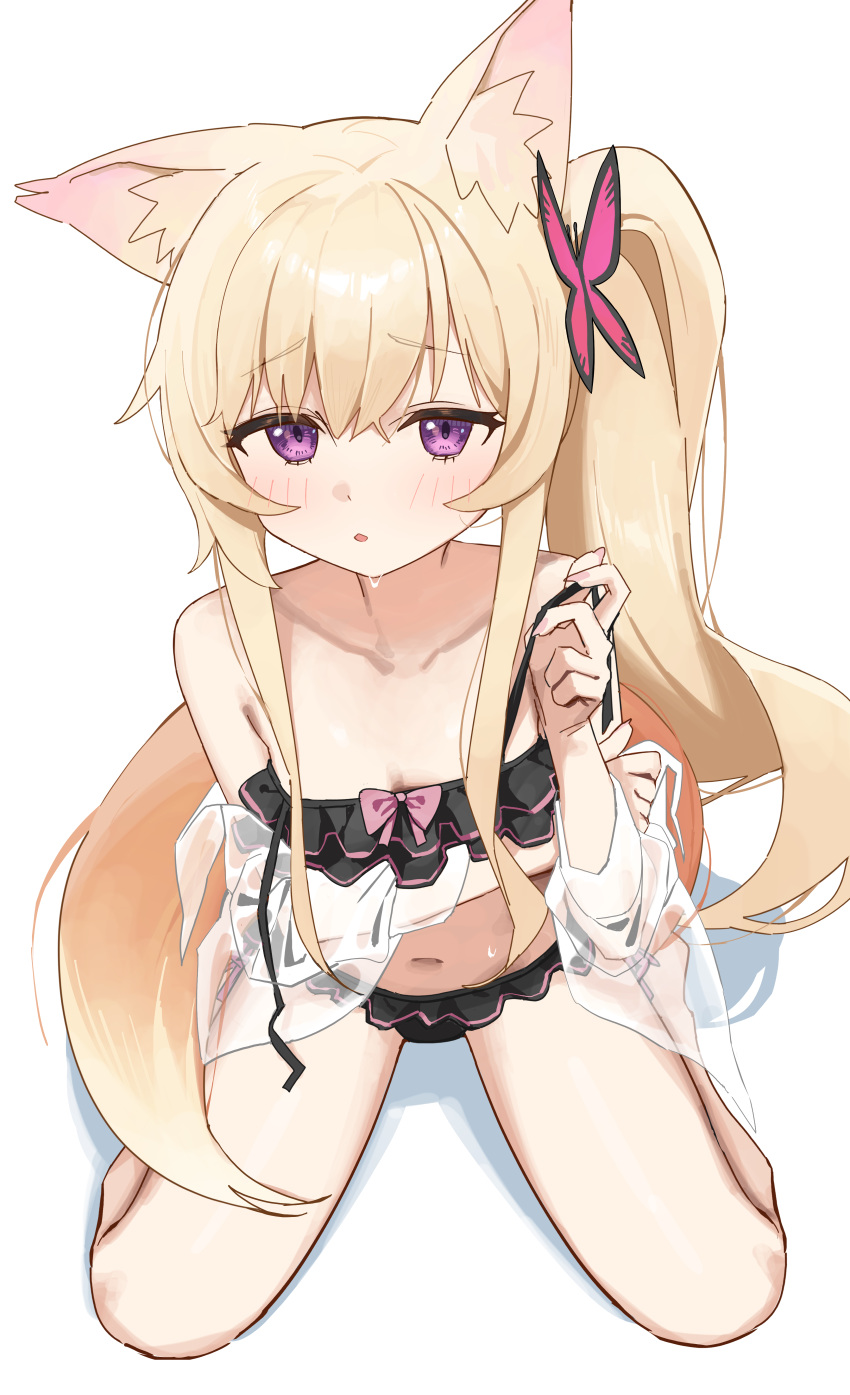 1girl absurdres animal_ears bikini black_bikini blonde_hair blush butterfly_hair_ornament copyright_request frilled_bikini frills from_above hair_ornament highres long_hair navel purple_eyes simple_background sitting solo swimsuit syhan tail thighs white_background