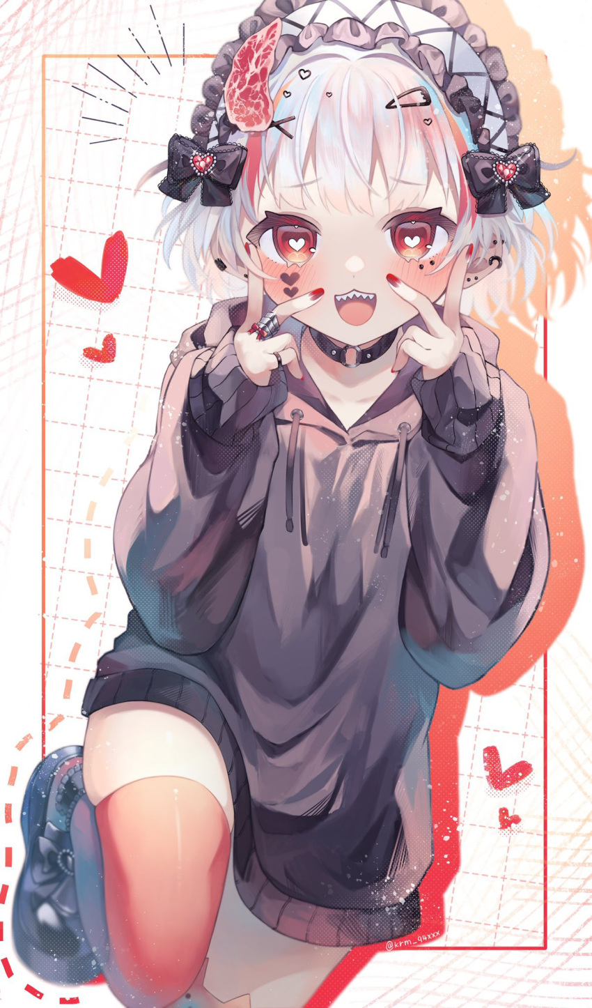 1girl animal_ear_legwear black_choker black_footwear black_sweater border choker commentary_request drawstring drop_shadow eyelashes feet_up hands_up heart heart-shaped_pupils highres hood hood_down hooded_sweater indie_virtual_youtuber kuromu_(96-94) long_sleeves looking_at_viewer medium_hair no_pants notice_lines open_mouth outside_border red_eyes red_nails red_thighhighs sabita_hagane sharp_teeth sleeves_past_wrists smile solo sweater symbol-shaped_pupils teeth thighhighs virtual_youtuber white_border white_hair