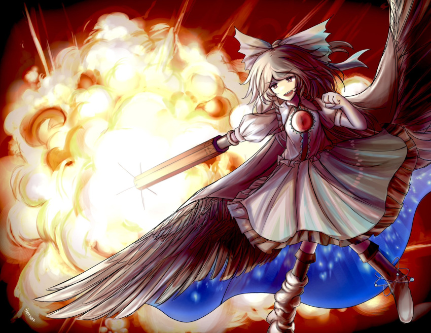 1girl arm_cannon asymmetrical_footwear bird_wings black_footwear black_hair black_wings bow cape center_frills commentary explosion frills green_bow green_skirt hair_bow highres long_hair mismatched_footwear reiuji_utsuho shirt skirt solo starry_sky_print there2007 third_eye touhou weapon white_shirt wings