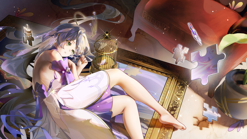 1girl absurdres aqua_eyes backless_dress backless_outfit bare_legs bare_shoulders barefoot bird birdcage cage couch detached_sleeves dress fangwan halo highres honkai:_star_rail honkai_(series) indoors long_hair looking_at_animal lying no_gloves no_shoes on_side parted_lips purple_dress robin_(honkai:_star_rail) short_sleeves solo thighs two-tone_dress white_dress