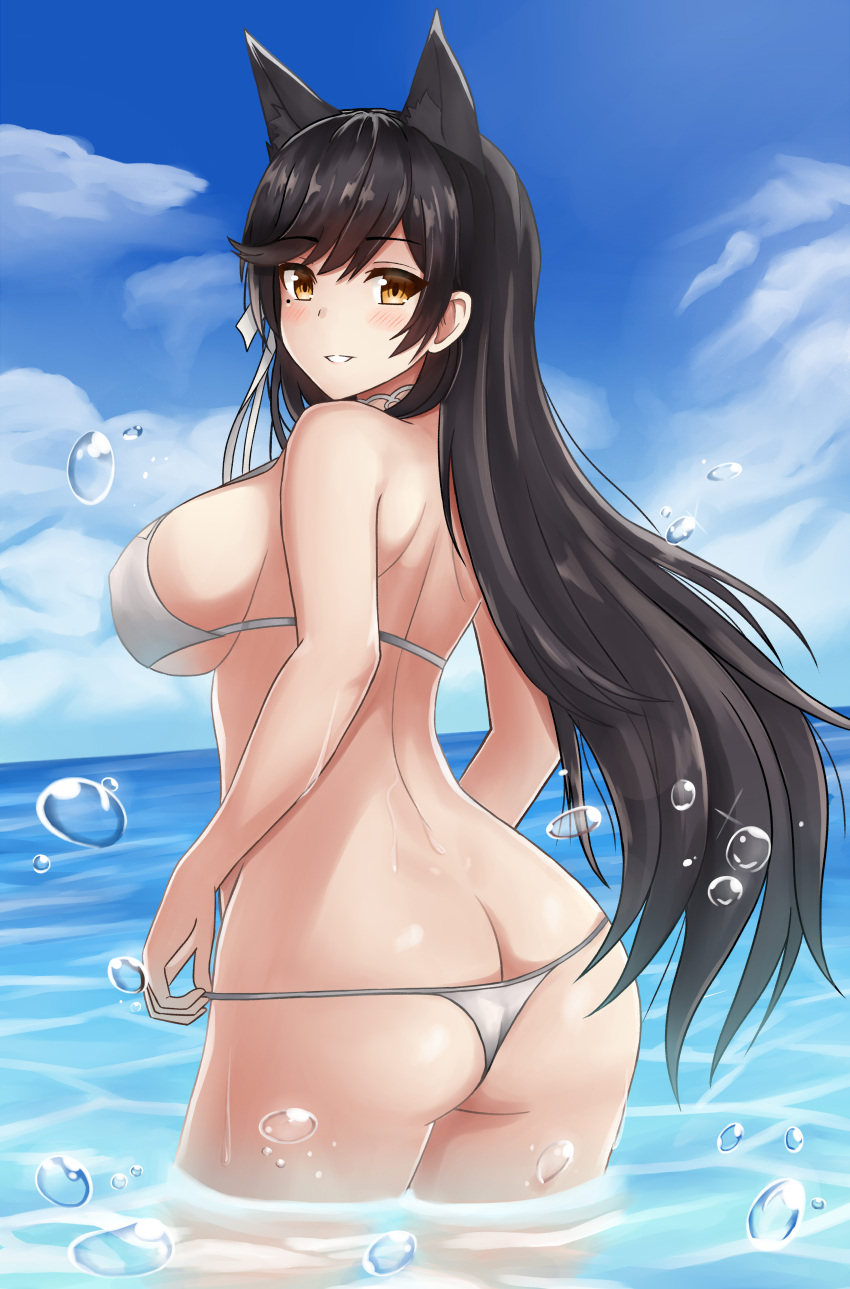 1girl absurdres animal_ears ass atago_(azur_lane) azur_lane bikini black_hair blue_sky breasts bubble butt_crack cloud cowboy_shot day dog_ears extra_ears from_behind highres large_breasts looking_at_viewer looking_back mole mole_under_eye ocean outdoors parted_lips sideboob sky solo swimsuit vodka13 wading water wet white_bikini yellow_eyes