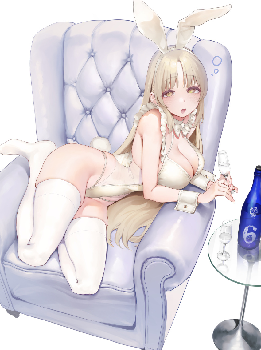 1girl absurdres animal_ears blonde_hair blush bottle breasts cleavage couch cup detached_collar drinking_glass fake_animal_ears frilled_leotard frills highres kawaraya_koh large_breasts leotard long_hair looking_at_viewer nijisanji on_couch open_mouth playboy_bunny rabbit_ears rabbit_tail sister_claire solo strapless strapless_leotard tail thighhighs virtual_youtuber white_thighhighs wine_bottle wine_glass wrist_cuffs yellow_eyes yellow_leotard