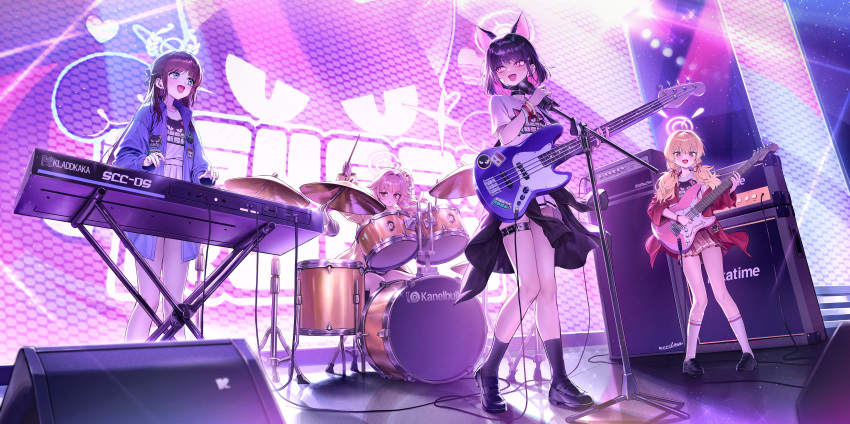 4girls absurdres after-school_sweets_club_(blue_archive) ahoge airi_(band)_(blue_archive) airi_(blue_archive) animal_ears bass_guitar black_footwear black_hair black_jacket black_socks blue_archive blue_jacket blush cat_ears clothes_around_waist colored_inner_hair concert drum drumsticks electric_guitar extra_ears green_eyes green_halo guitar hair_between_eyes halo highres holding holding_bass_guitar holding_drumsticks holding_instrument instrument jacket jacket_around_waist kazusa_(band)_(blue_archive) kazusa_(blue_archive) keyboard_(instrument) long_hair long_sleeves multicolored_hair multiple_girls music natsu_(band)_(blue_archive) natsu_(blue_archive) official_alternate_costume open_mouth pink_hair pink_halo pink_skirt playing_instrument pleated_skirt red_eyes red_jacket shirt shoes short_hair short_sleeves skirt smile socks soy_chicken stage white_shirt white_skirt white_socks yellow_eyes yellow_halo yellow_jacket yoshimi_(band)_(blue_archive) yoshimi_(blue_archive)