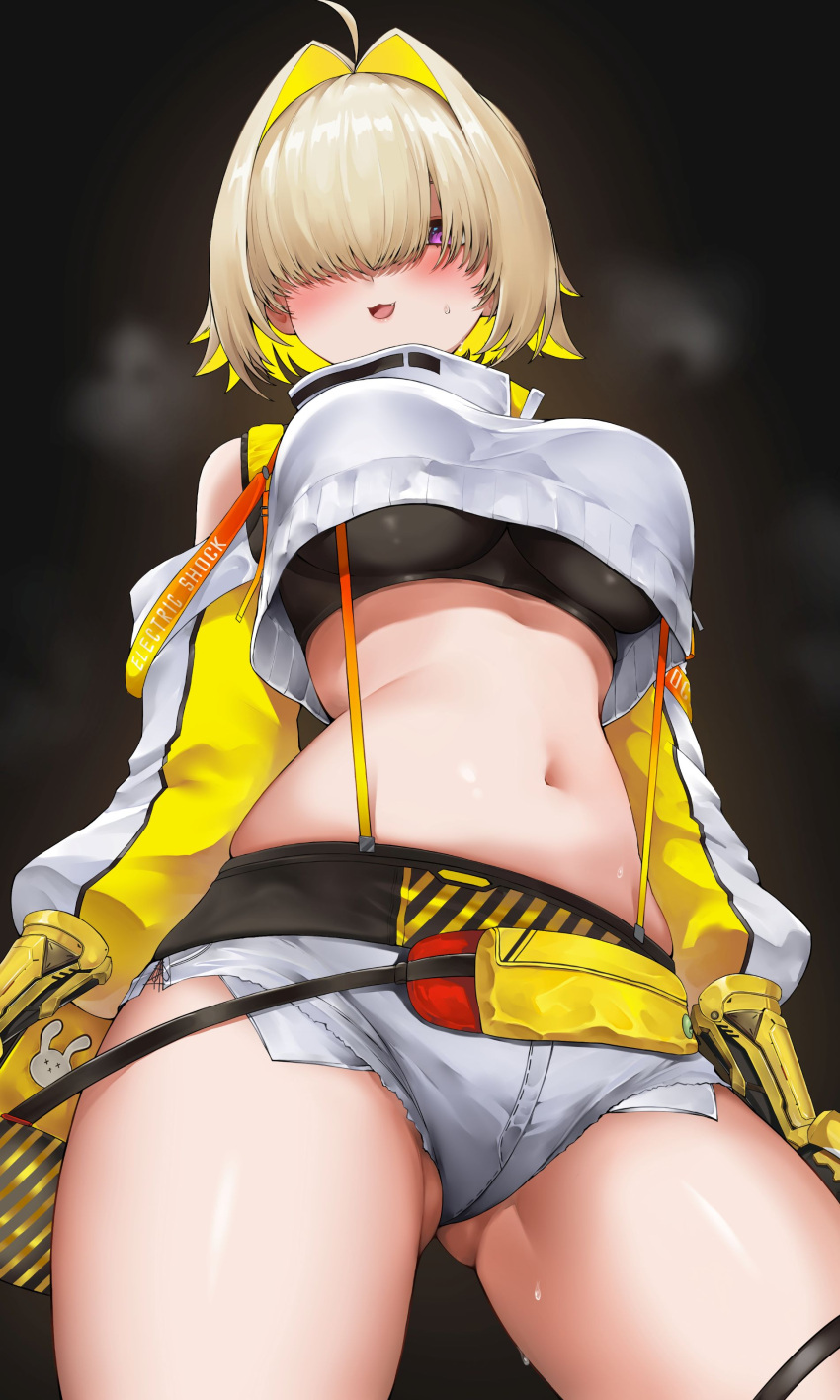 1girl absurdres ahoge ass_visible_through_thighs black_background blonde_hair breasts clothing_cutout commentary crop_top crop_top_overhang cropped_sweater elegg_(nikke) eyes_visible_through_hair goddess_of_victory:_nikke hair_intakes hair_over_eyes highres large_breasts lds_(dstwins97) long_bangs long_sleeves looking_at_viewer micro_shorts multicolored_hair navel open_mouth purple_eyes short_hair shorts shoulder_cutout solo suspender_shorts suspenders sweat thighs two-tone_hair
