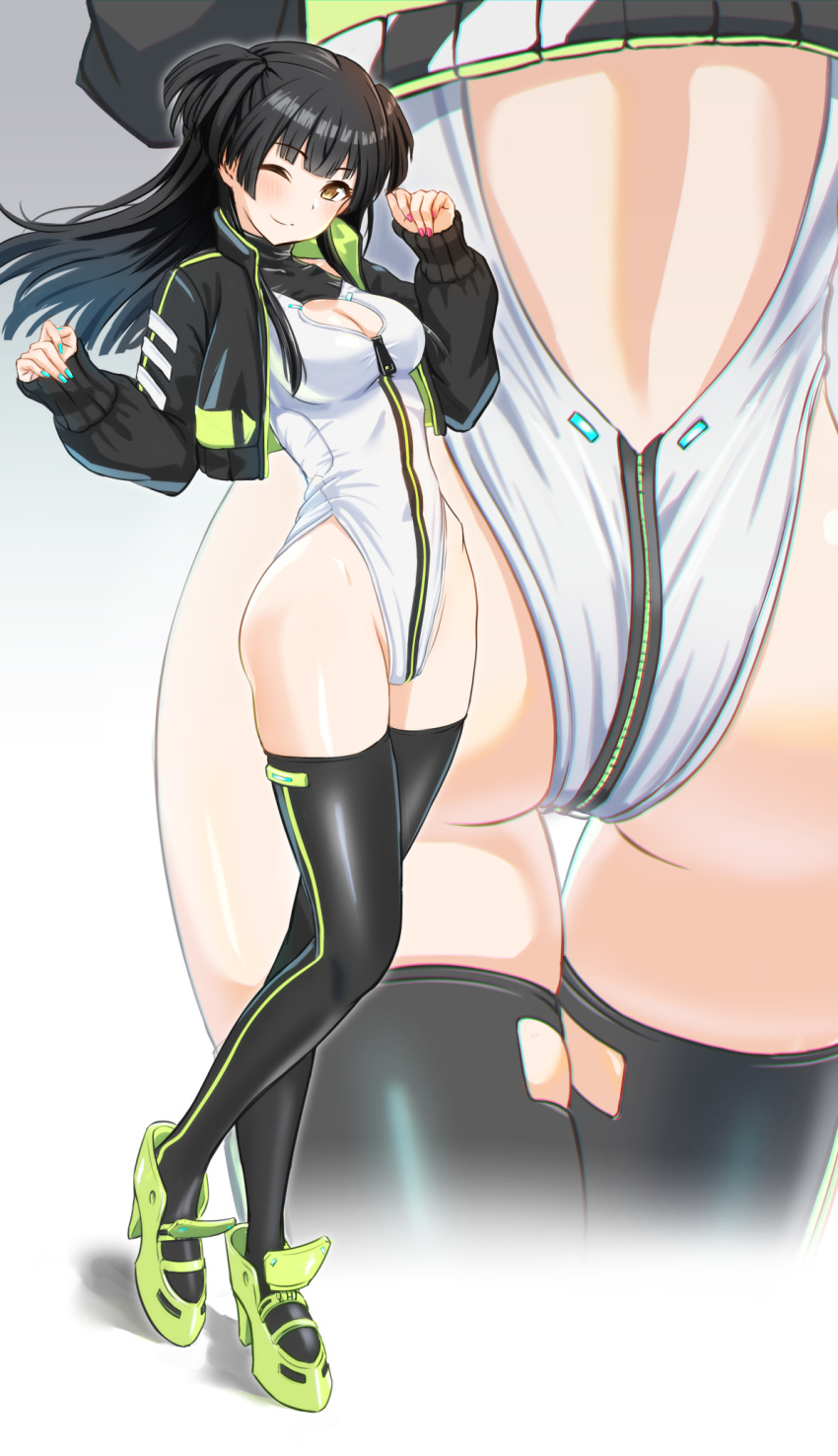 1girl alice_gear_aegis ass ass_focus black_hair black_jacket black_thighhighs blunt_bangs brown_eyes circle_cutout cleavage_cutout clothing_cutout companion/af covered_collarbone front_zipper full-length_zipper full_body head_out_of_frame highleg highleg_leotard highres idolmaster idolmaster_shiny_colors jacket leotard long_hair looking_at_viewer lowlegist mayuzumi_fuyuko multiple_views one_eye_closed race_queen sleeveless_turtleneck_leotard thigh_gap thighhighs turtleneck turtleneck_leotard two-tone_leotard two_side_up white_leotard zipper zipper_leotard zipper_pull_tab