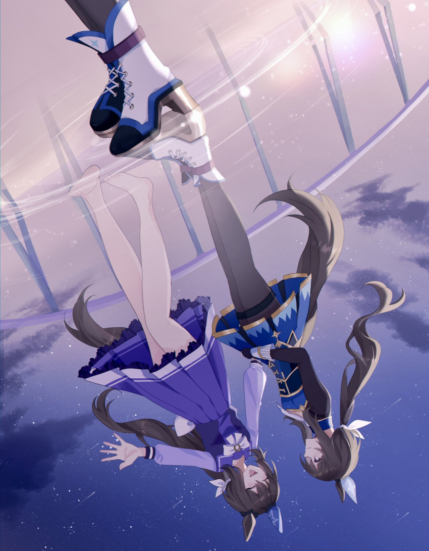 2girls :d admire_vega's_twin_sister_(umamusume) admire_vega_(umamusume) animal_ears arm_warmers barefoot black_thighhighs blue_dress blush bow closed_eyes cloud commentary_request dot_nose dress ear_covers fingerless_gloves frilled_dress frills full_body gloves gold_trim hair_ribbon high_heels highres horse_ears horse_girl horse_tail koyox_ll long_hair long_sleeves looking_at_another low_ponytail meteor_shower multiple_girls night night_sky outdoors pleated_dress purple_dress purple_eyes ribbon ripples shoes shooting_star siblings sidelocks single_ear_cover sisters sky smile spread_fingers star_(sky) starry_sky tail thigh_strap thighhighs umamusume upside-down white_bow white_footwear white_ribbon white_wrist_cuffs wrist_cuffs