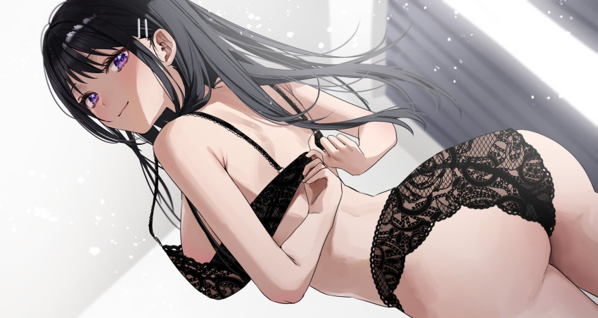 1girl adjusting_clothes ass black_hair bra breasts curtains from_behind hair_ornament hairclip highres lace_trim lingerie looking_at_viewer looking_back medium_hair original panties partially_undressed purple_eyes solo totty_tsuka underwear white_bra