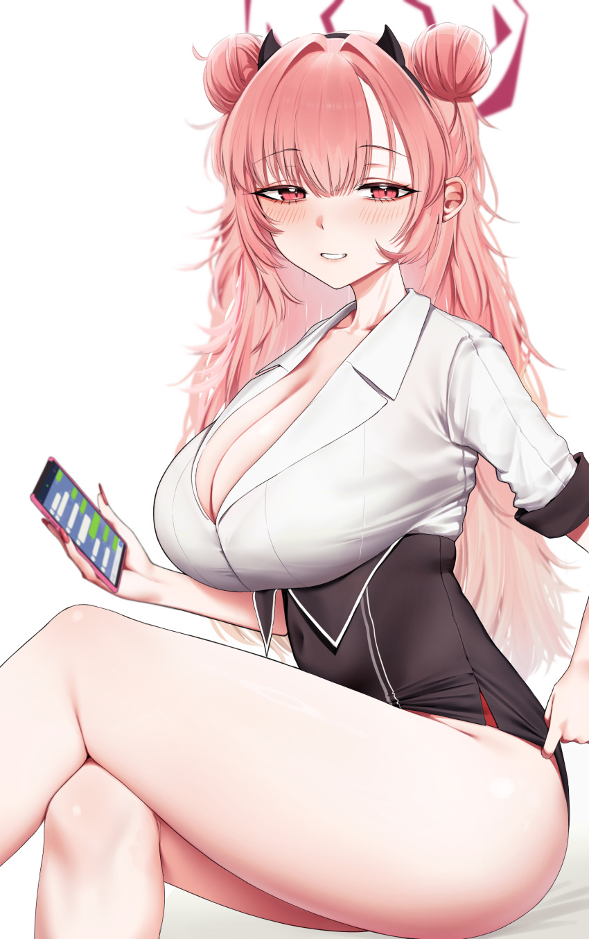 1girl absurdres black_skirt blue_archive blush breasts cellphone cleavage collared_shirt crossed_legs double_bun fingernails from_side grin hair_bun halo hand_up hari_6464 highres holding holding_phone kirara_(blue_archive) large_breasts long_fingernails long_hair looking_at_viewer looking_to_the_side phone pink_hair red_eyes red_halo red_nails shirt shirt_tucked_in short_sleeves simple_background sitting skirt smartphone smile solo white_background white_shirt