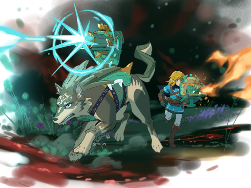 being_watched blonde_hair blue_eyes canid canine canis clothing duo elf feral fire fur hair hi_res humanoid humanoid_pointy_ears hylian light_body light_skin link link_(wolf_form) looking_at_another male mammal markings nintendo square_crossover stupjam tears_of_the_kingdom the_legend_of_zelda weapon wolf