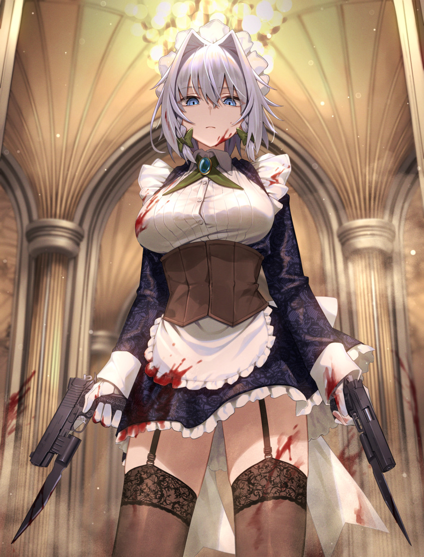 1girl apron bayonet blood blood_on_clothes blood_on_face braid breasts cocked_hammer commentary corset cowboy_shot dual_wielding expressionless garter_straps gloves greenkohgen grey_hair gun hair_intakes handgun highres holding holding_gun holding_weapon izayoi_sakuya lace-trimmed_legwear lace_trim large_breasts looking_at_viewer m1911 maid maid_apron maid_headdress short_hair skindentation standing touhou twin_braids waist_apron weapon white_gloves