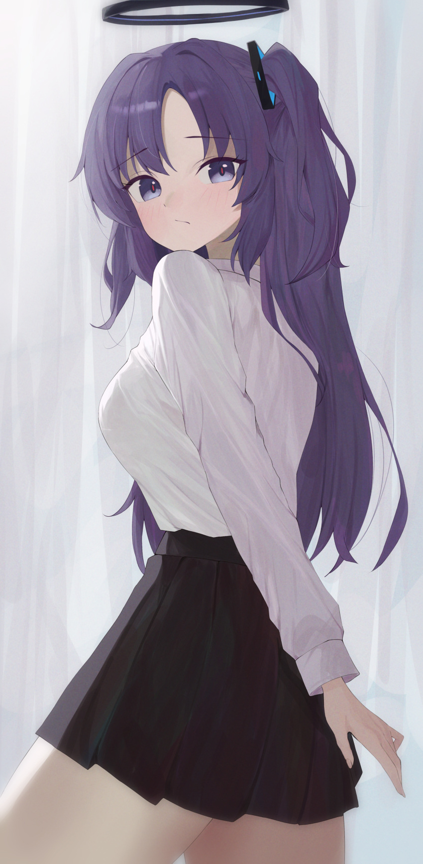 1girl absurdres black_skirt blue_archive blush breasts closed_mouth cowboy_shot halo highres long_hair long_sleeves looking_at_viewer mechanical_halo medium_breasts pleated_skirt purple_eyes purple_hair sei_(0724sei6) shirt skirt solo two_side_up white_shirt yuuka_(blue_archive)