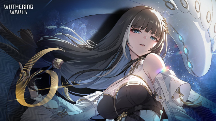 1girl baizhi_(wuthering_waves) bare_shoulders black_gloves black_hair blue_eyes breasts cleavage countdown detached_sleeves gloves hair_ornament highres large_breasts long_hair looking_at_viewer official_art parted_lips upper_body wuthering_waves