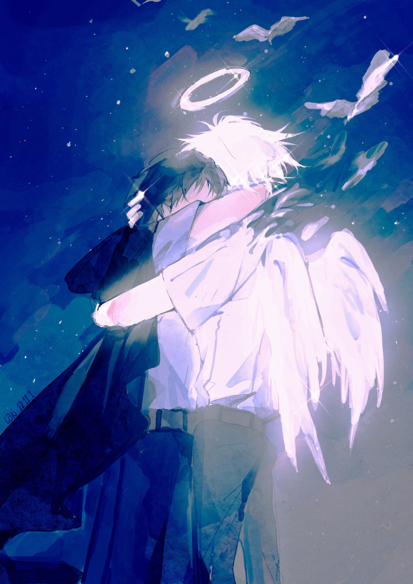 2boys absurdres angel angel_wings arms_around_back arms_around_neck belt black_cape black_hair blue_background blue_pants brown_belt cakiada cape chinese_commentary cloud commentary_request covered_face cowboy_shot feathered_wings from_behind halo hand_on_another's_head highres hug ikari_shinji light_particles male_focus multiple_boys nagisa_kaworu neon_genesis_evangelion pants shirt short_hair short_sleeves sparkle white_hair white_shirt white_sleeves white_wings wings yaoi yellow_halo