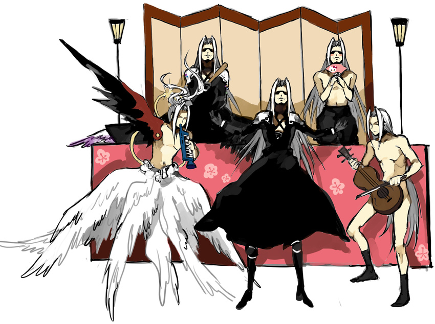 alternate_form angel fan final_fantasy final_fantasy_vii final_fantasy_vii_advent_children hina_ningyou instrument multiple_boys multiple_persona multiple_wings ritual_baton sephiroth seraph silver_hair starshadowmagician what wings