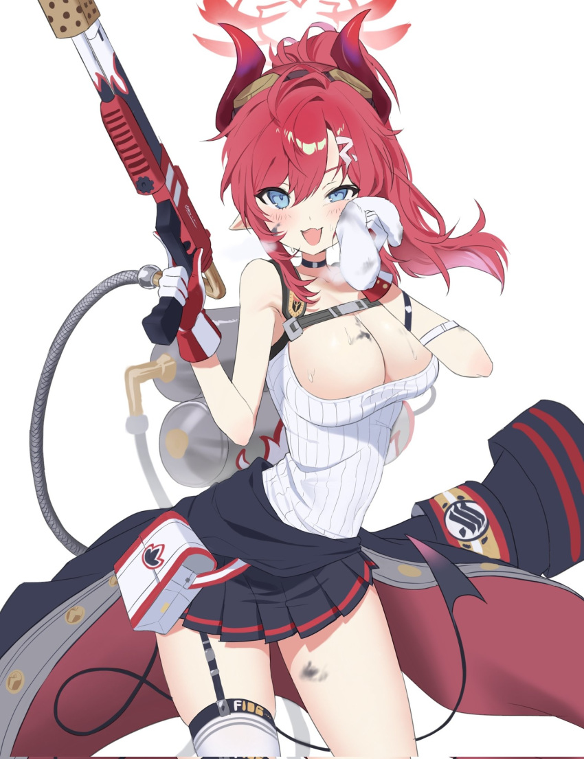 1girl 5uj0 black_choker black_skirt black_tail blue_archive blue_eyes blush breasts chest_harness choker cleavage corrupted_twitter_file cowboy_shot demon_horns demon_tail gloves goggles goggles_on_head gun hair_between_eyes hair_ornament hairpin halo harness highres holding holding_gun holding_weapon horns large_breasts long_hair looking_at_viewer megu_(blue_archive) open_mouth pleated_skirt pointy_ears red_gloves red_hair red_halo red_horns simple_background single_thighhigh skirt solo tail tank_top thighhighs two-tone_gloves weapon white_background white_gloves white_tank_top white_thighhighs