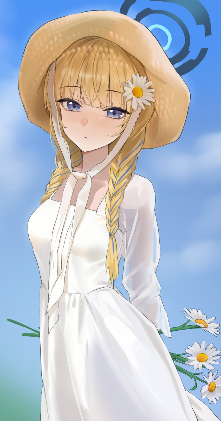 1girl absurdres alternate_costume blonde_hair blue_archive blue_eyes braid breasts closed_mouth dress flower ggoong_(pooplambgoong22) hat highres holding holding_flower long_hair long_sleeves looking_at_viewer medium_breasts single_braid solo straw_hat toki_(blue_archive) white_dress white_flower
