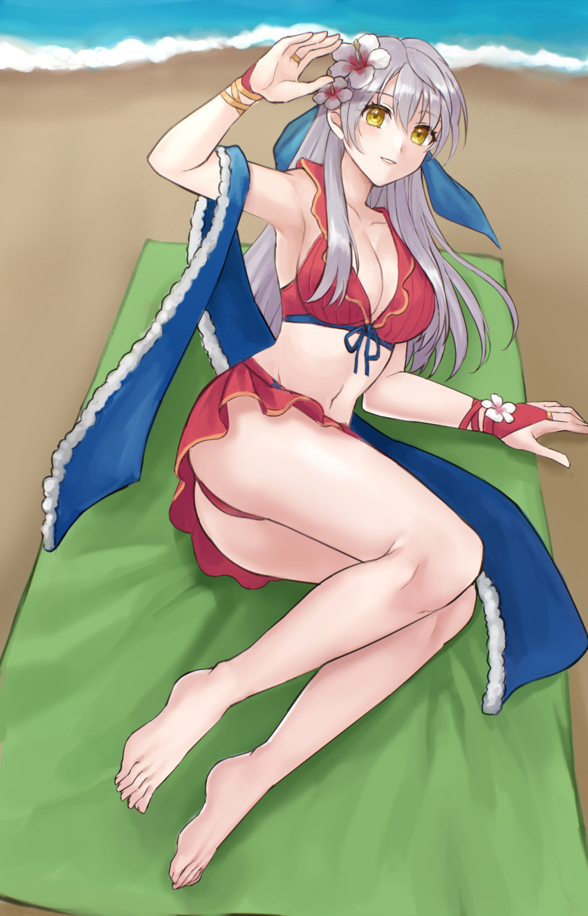 1girl absurdres arm_up armpits ass bare_legs bare_shoulders barefoot beach bikini breasts cleavage commentary_request fire_emblem fire_emblem:_radiant_dawn fire_emblem_heroes flower grey_hair hair_flower hair_ornament hazuki_(nyorosuke) highres large_breasts micaiah_(fire_emblem) navel ocean official_alternate_costume outdoors red_bikini solo stomach swimsuit thighs water white_flower yellow_eyes