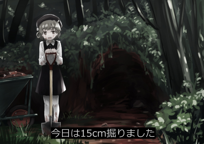 1girl beret black_hat broiler cave collared_shirt dirty dirty_clothes flower forest grey_hair hat hatoba_tsugu highres holding holding_shovel looking_at_viewer mole mole_under_eye nature open_mouth outdoors pantyhose rose shirt short_hair shovel skirt smile solo suspender_skirt suspenders translation_request tsugu_(vtuber) virtual_youtuber white_flower white_pantyhose white_rose white_shirt
