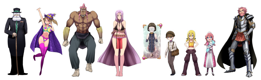 4boys 5girls absurdres akaimato armor beard bikini blonde_hair breasts cane cape commentary_request dark-skinned_male dark_skin demons_roots facial_hair flat_chest formal full_body hat highres holding holding_cane holding_stuffed_toy knight large_breasts multiple_boys multiple_girls muscular muscular_male navel open_mouth pink_hair purple_hair restrained smile stuffed_toy suit swimsuit tachi-e thighhighs through_wall topless_male transparent_background white_hair wizard_hat