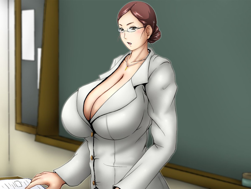 1girl blush book breasts brown_hair chalkboard classroom cleavage eraser formal gigantic_breasts glasses hair_bun hair_up highres indoors inomaru jewelry milf necklace open_mouth shirt short_hair solo teacher white_shirt