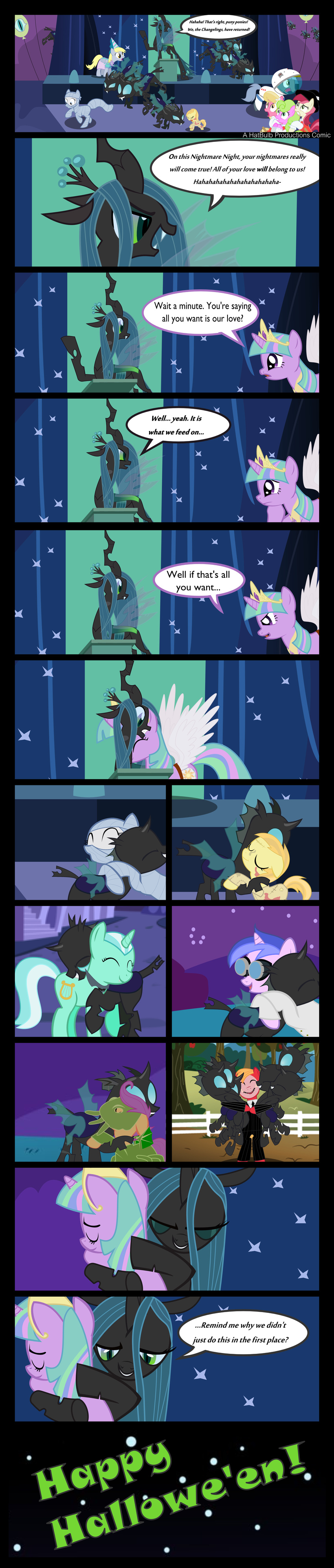 changeling comic costume cub cutie_mark daisy_(mlp) derpy_hooves_(mlp) equine fangs female feral friendship_is_magic green_eyes green_hair group hair halloween hatbulbproductions holidays horn horse hug lily_(mlp) love lyra_(mlp) lyra_heartstrings_(mlp) mammal my_little_pony pegasus pony queen_chrysalis_(mlp) rose_(mlp) scootaloo_(mlp) twilight_sparkle_(mlp) unicorn wings young