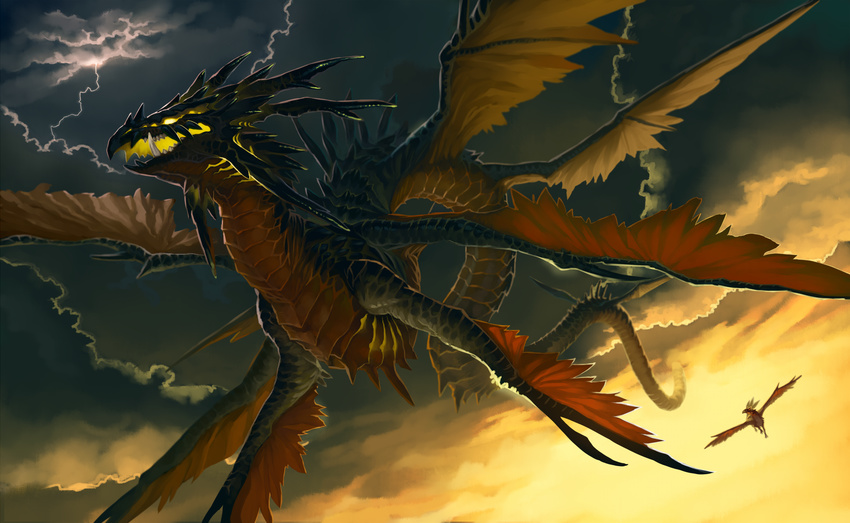 cloudy_sky commentary_request dragon fang fantasy flying griffin highres horns lightning multiple_wings no_humans pixiv_fantasia pixiv_fantasia_new_world sharp_teeth sky teeth wings yellow_eyes yellow_sky yuzu_shio