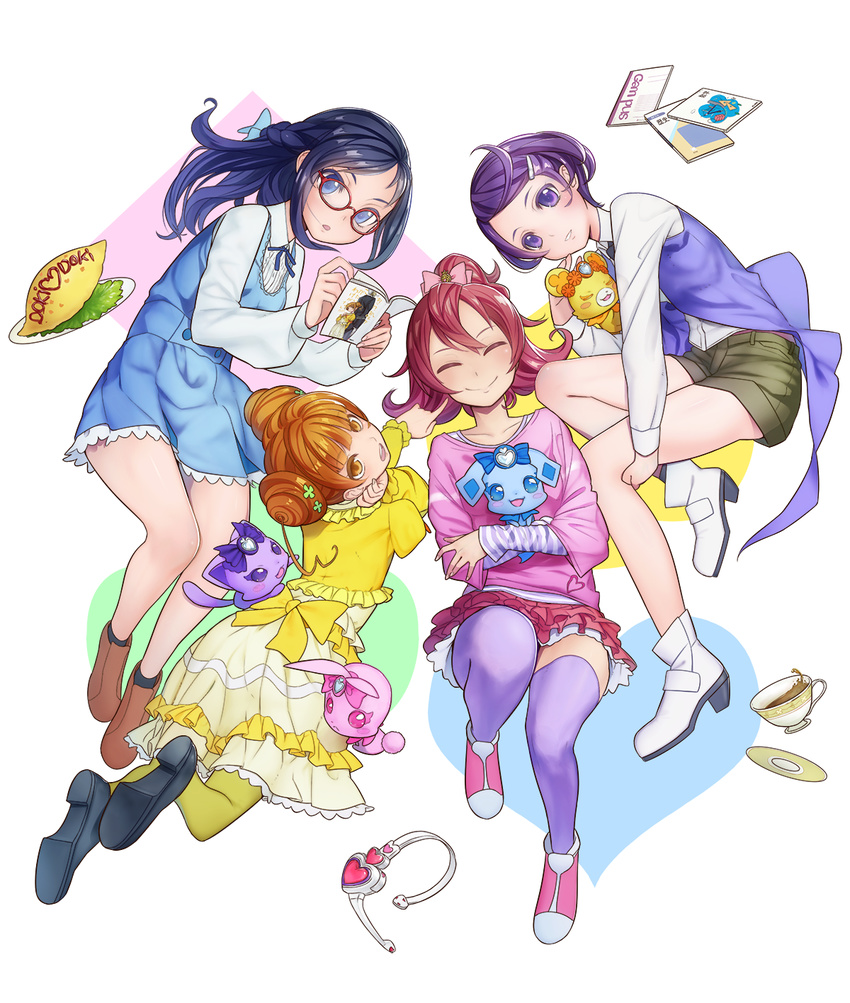 aida_mana animal animal_hug bad_id bad_pixiv_id blue_eyes blue_hair braid closed_eyes cup davi_(dokidoki!_precure) dokidoki!_precure double_bun dress flipped_hair food glasses hair_ornament hairclip half_updo headset highres hishikawa_rikka kenzaki_makoto long_hair lying multiple_girls notebook omurice on_back on_side on_stomach orange_eyes orange_hair pink_hair pointing precure purple_eyes purple_hair rakeru_(dokidoki!_precure) rance_(dokidoki!_precure) reading ryuuama sharuru_(dokidoki!_precure) short_hair shorts sleeping teacup thighhighs yotsuba_alice